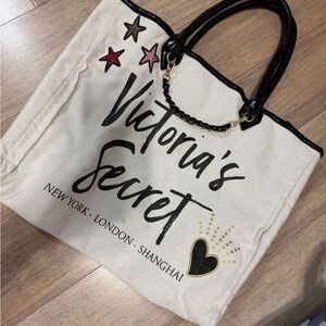 Victoria's Secret Cream Canvas Tote with Black Trim and Pink Star Accents